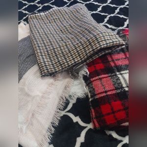 Lot of three scarves (red plaid by Chaps, tan cashmere pashmina, pink soft knit)